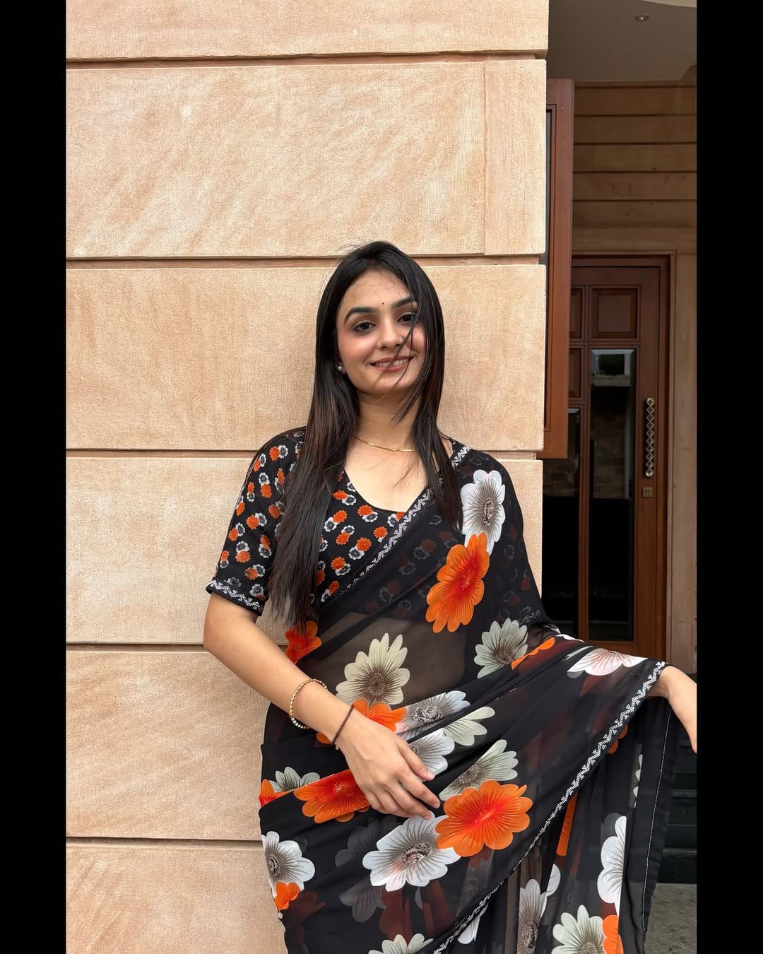 Designer Black Floral Saree With Sparkle Border Work for Women