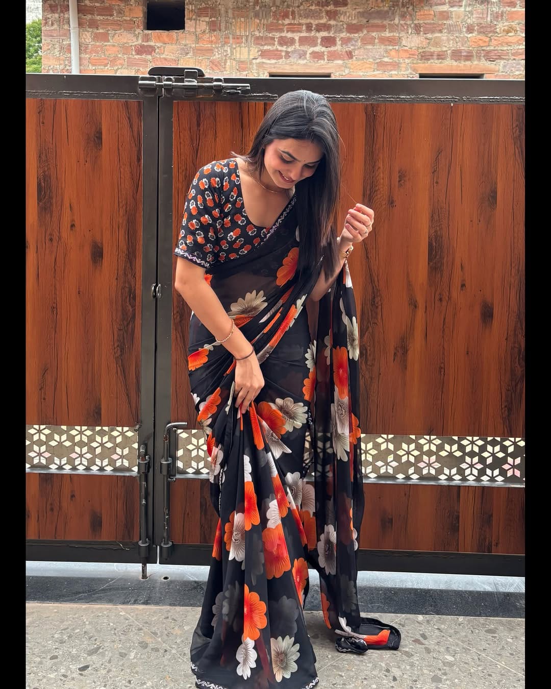 Designer Black Floral Saree With Sparkle Border Work for Women