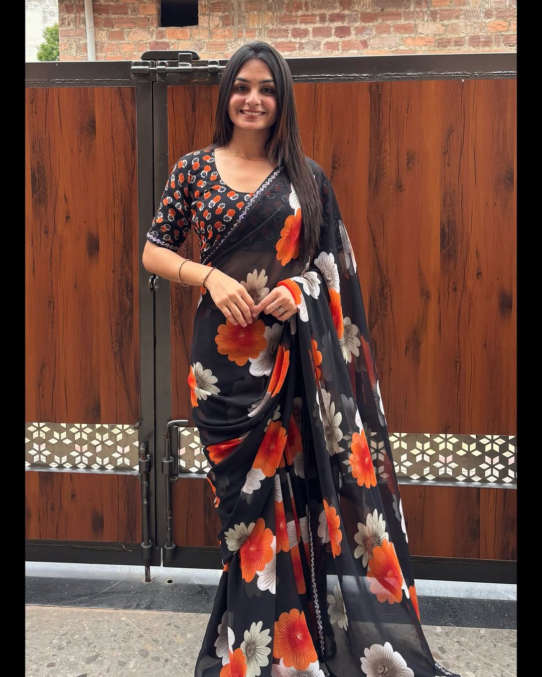 Designer Black Floral Saree With Sparkle Border Work for Women