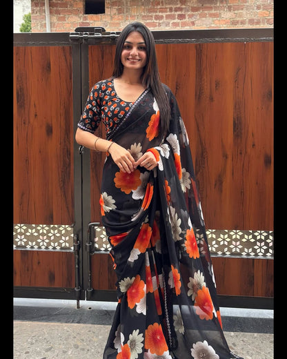 Designer Black Floral Saree With Sparkle Border Work for Women