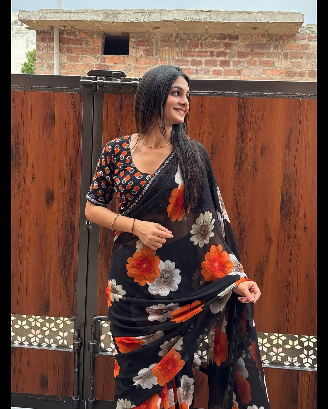 Designer Black Floral Saree With Sparkle Border Work for Women