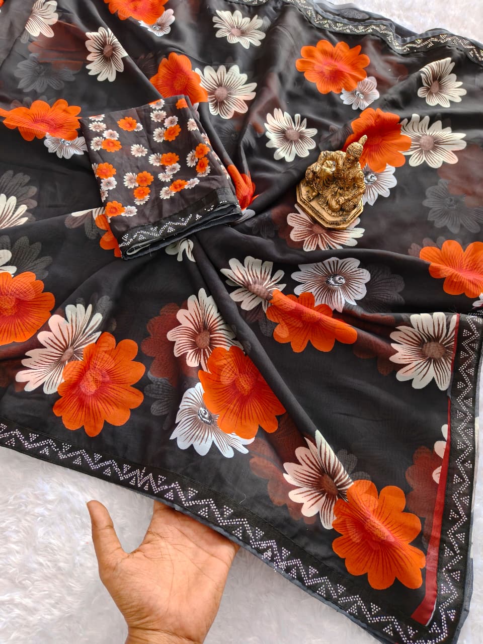 Designer Black Floral Saree With Sparkle Border Work for Women
