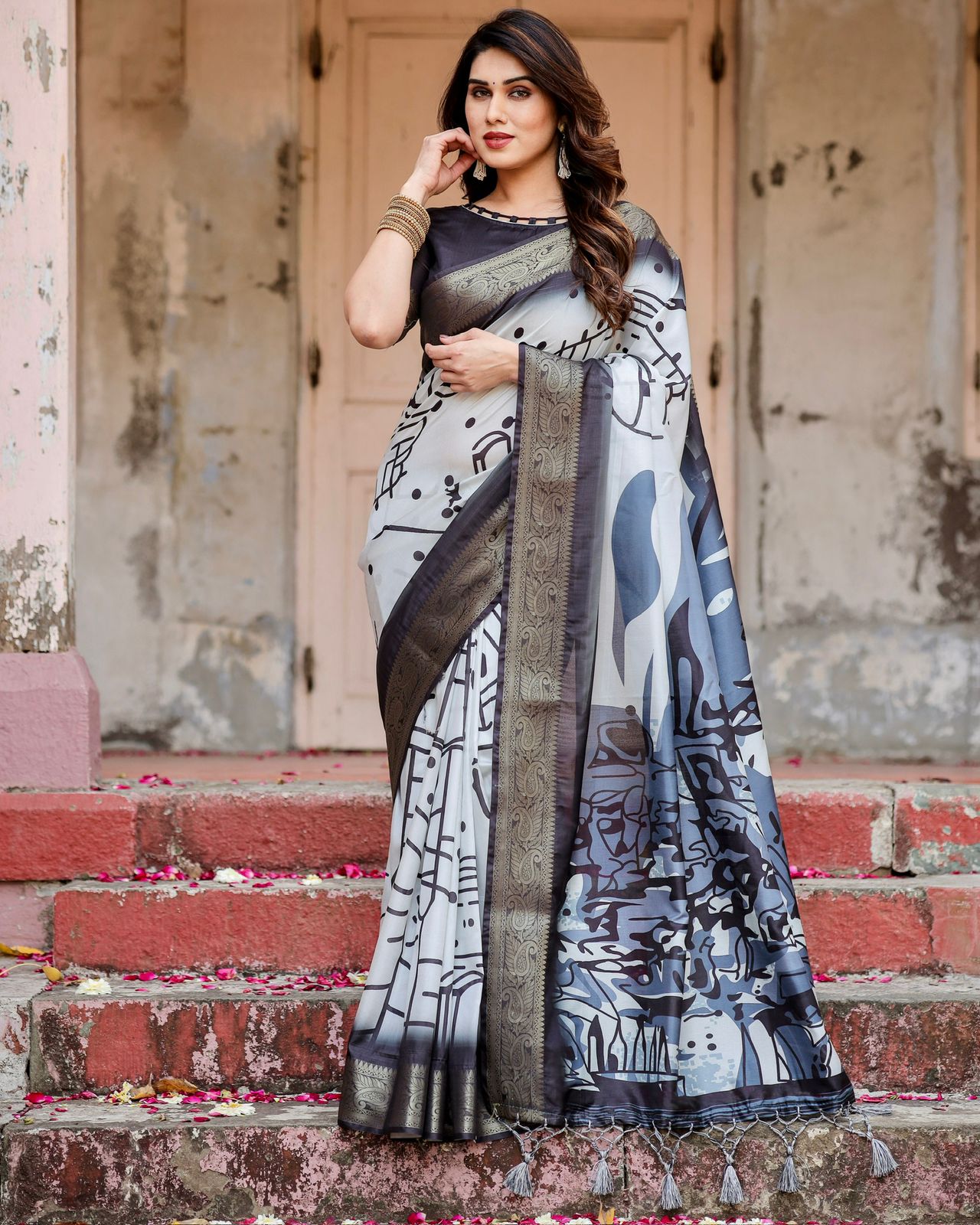 Designer Black & White Abstract Soft Silk Saree