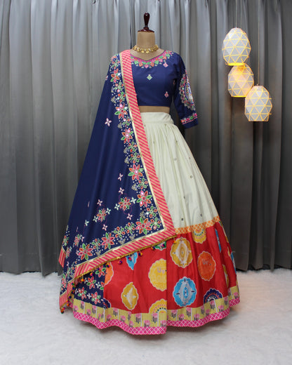 Designer Blue Muslin Cotton Lehenga Choli with Mirror Work for Women