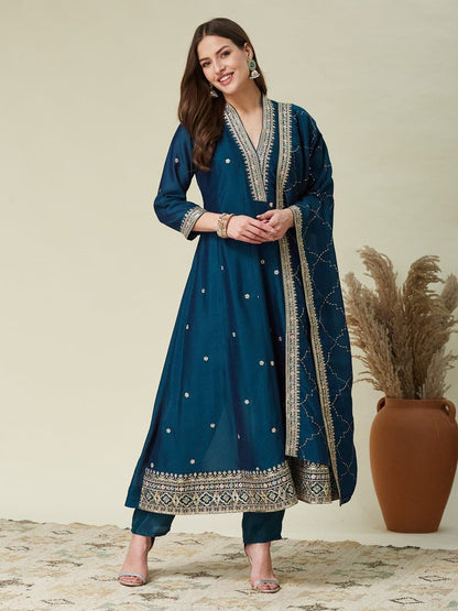 Designer Teal Blue Embroidered Anarkali Suit Set for Women