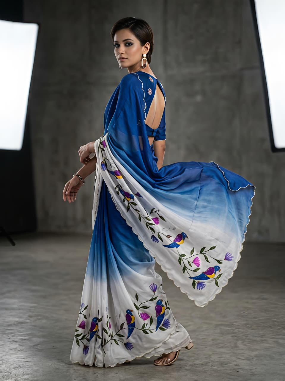 Designer Blue Parrot Kalamkari Fandy Silk Saree for Women