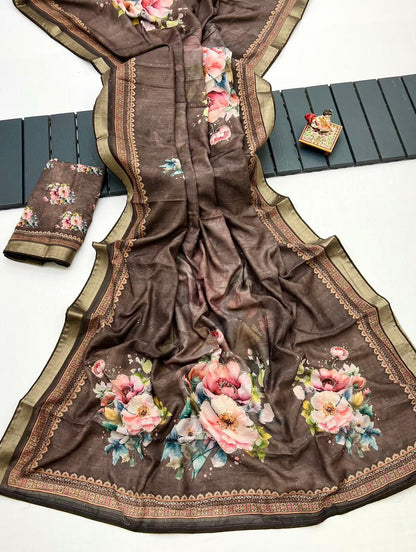 Designer Brown Cotton Digital Print Saree With Blouse for Women
