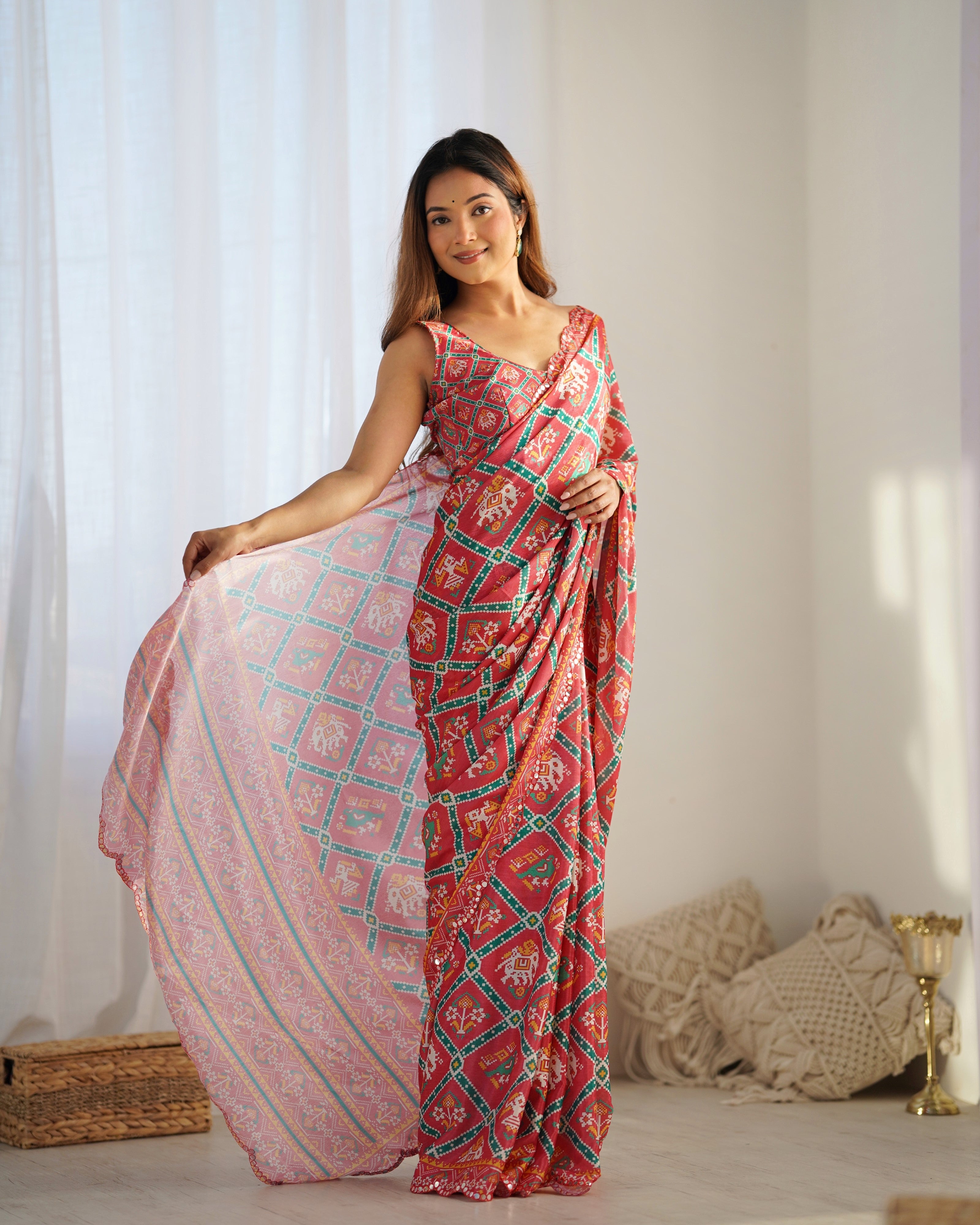 Designer Coral Chinon Saree with Kutchi Border