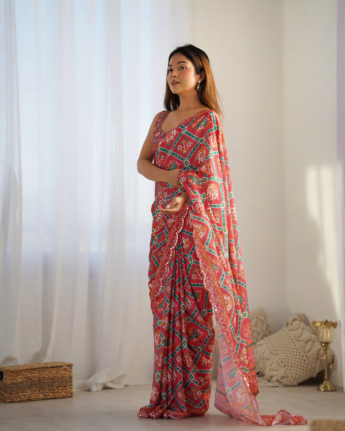 Designer Coral Chinon Saree with Kutchi Border for Women