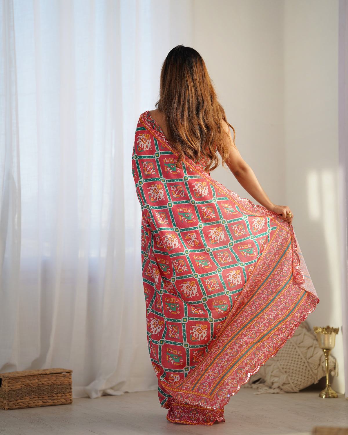 Designer Coral Chinon Saree with Kutchi Border for Women