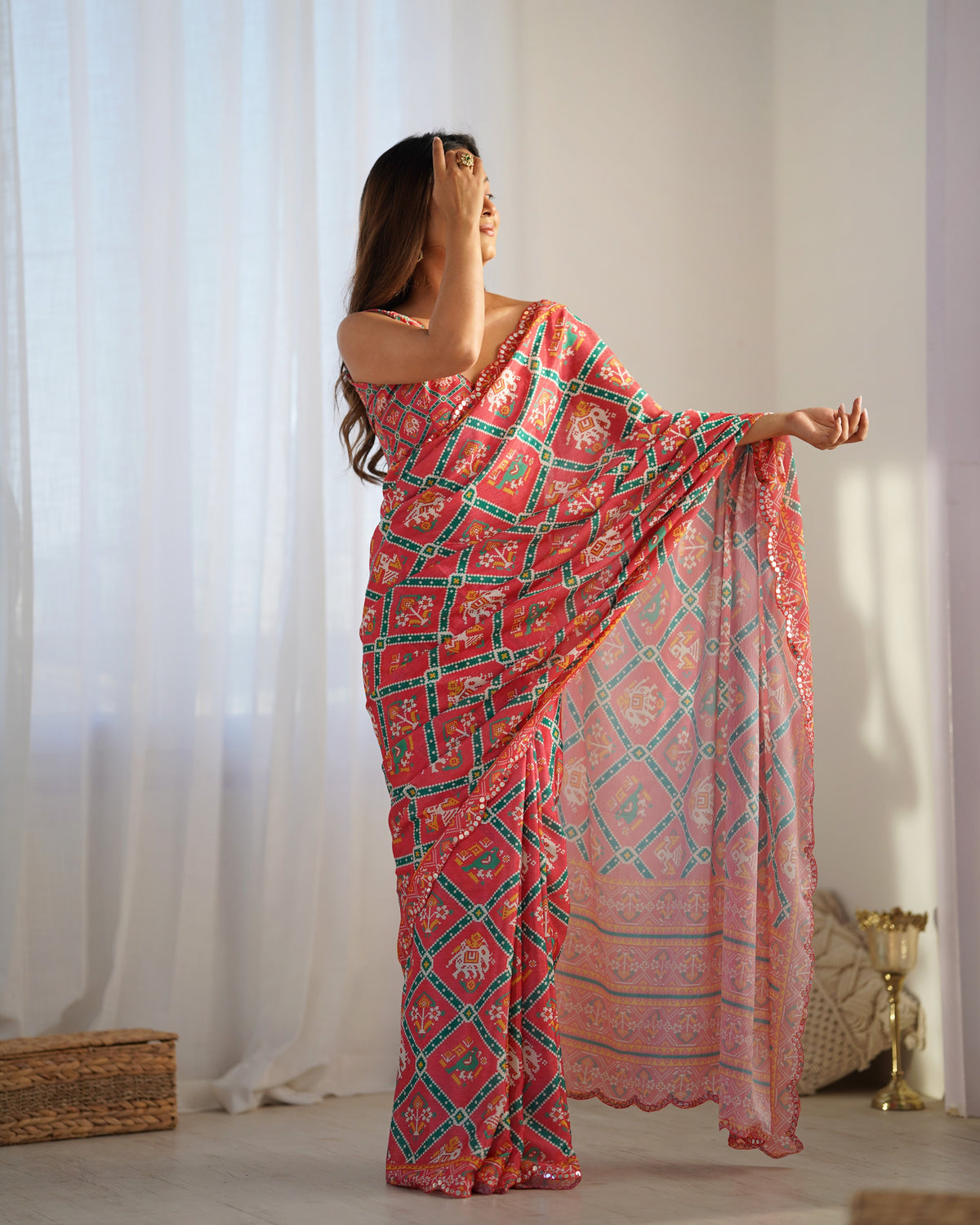 Designer Coral Chinon Saree with Kutchi Border for Women