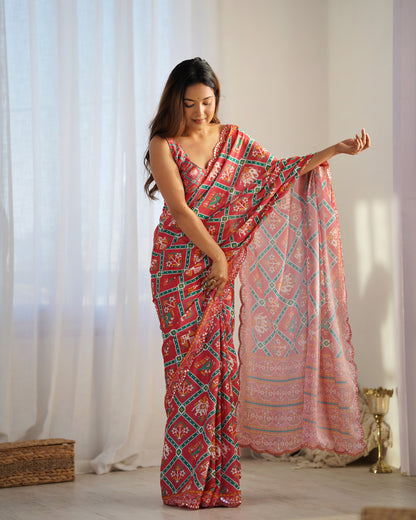 Designer Coral Chinon Saree with Kutchi Border for Women