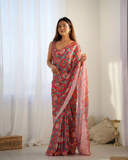 Designer Coral Chinon Saree with Kutchi Border for Women
