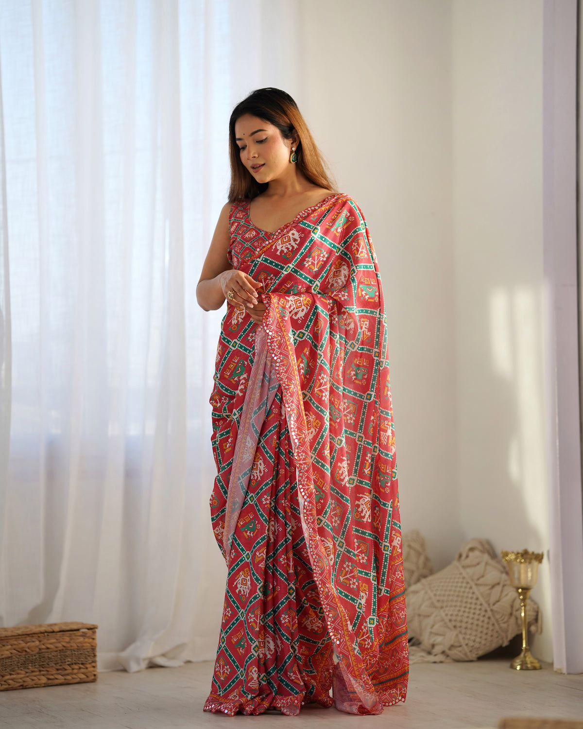 Designer Coral Chinon Saree with Kutchi Border for Women