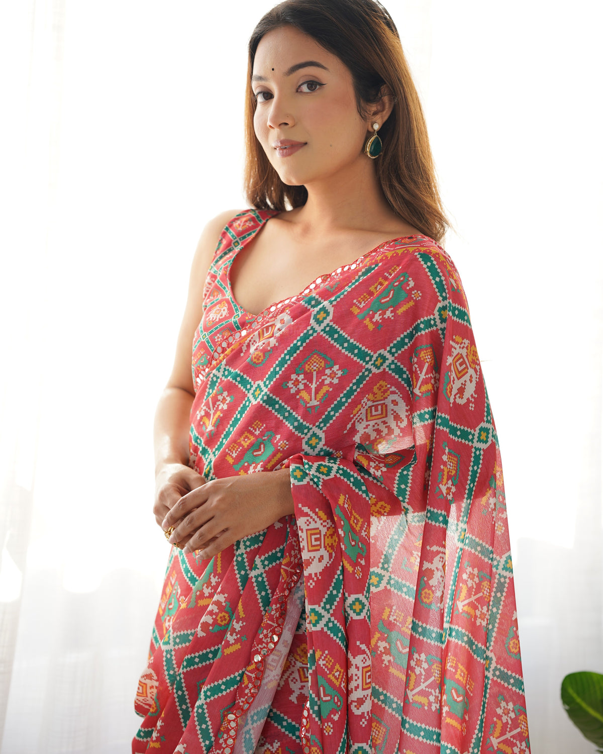 Designer Coral Chinon Saree with Kutchi Border for Women