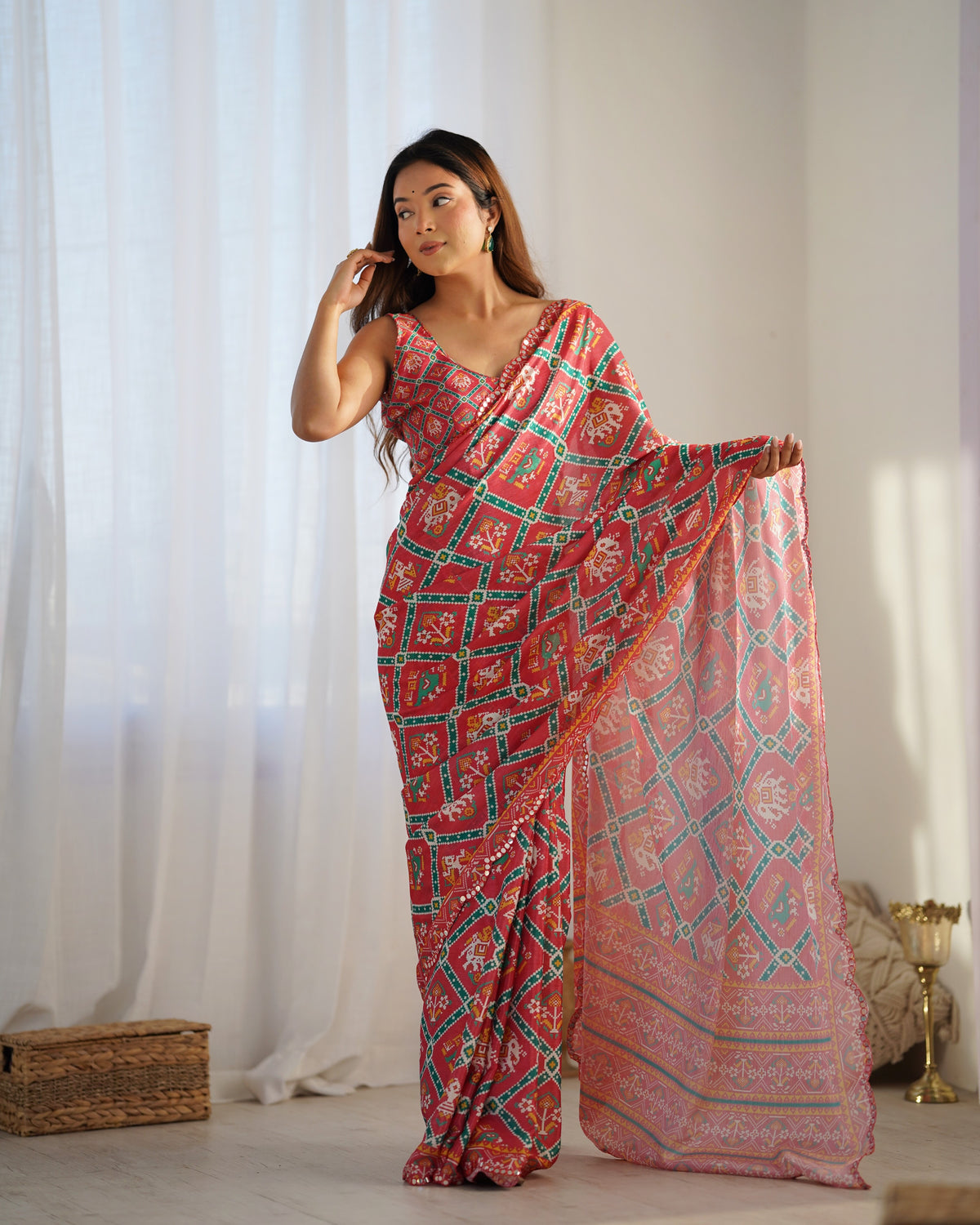 Designer Coral Chinon Saree with Kutchi Border for Women