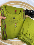 Designer Cotton A-Line Kurti Pant Set with Mirror Work