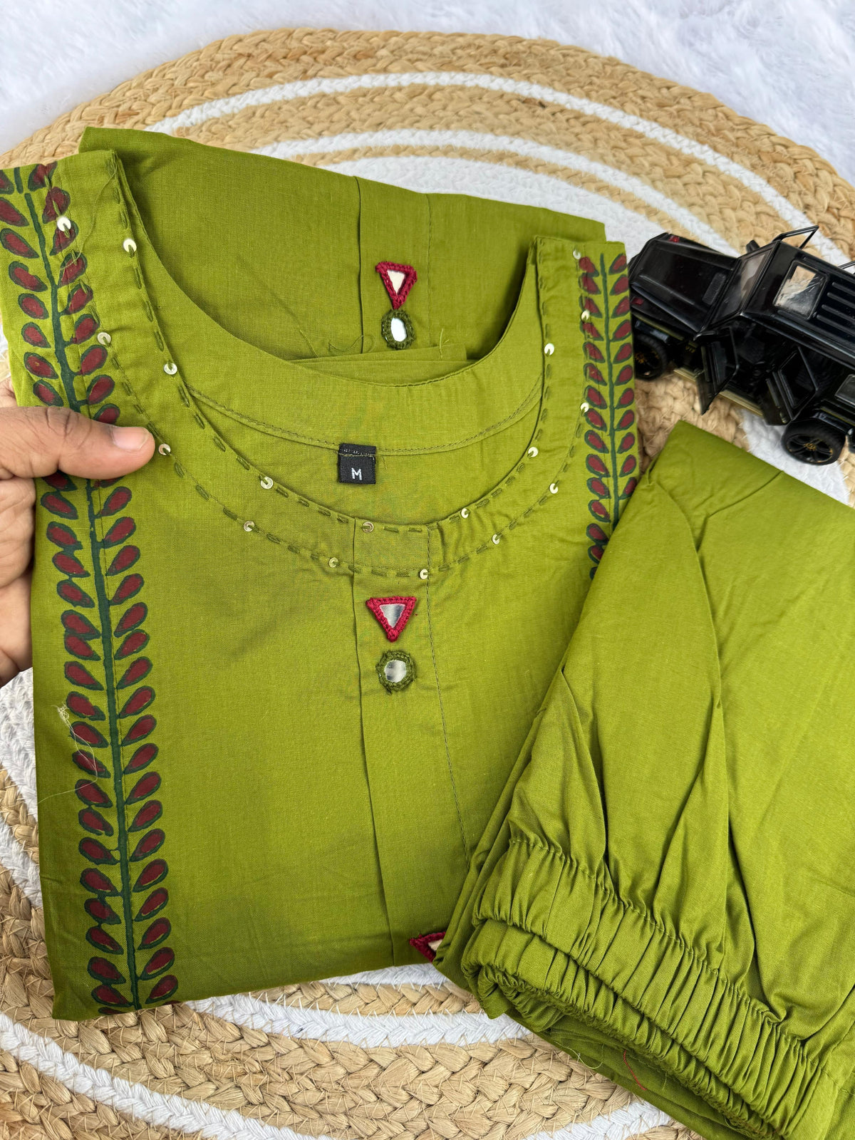 Designer Cotton A-Line Kurti Pant Set with Mirror Work for Women
