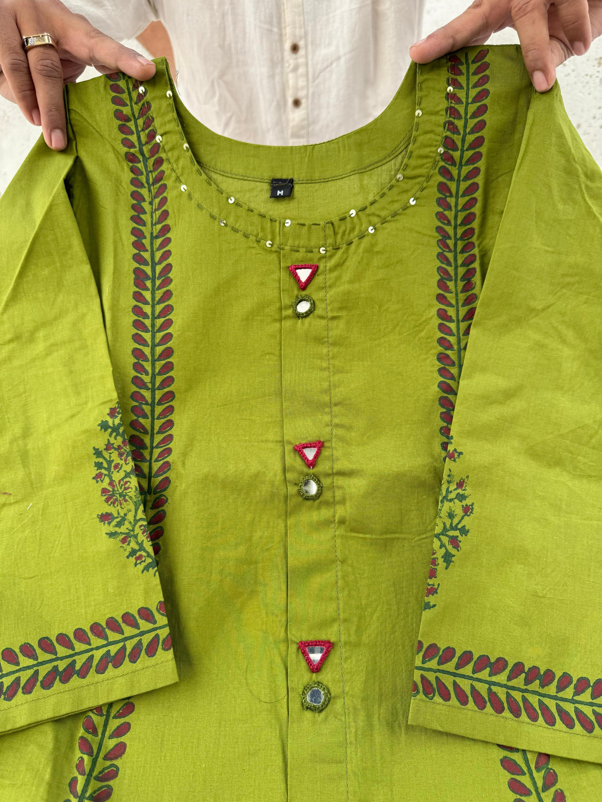 Designer Cotton A-Line Kurti Pant Set with Mirror Work for Women