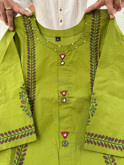 Designer Cotton A-Line Kurti Pant Set with Mirror Work for Women