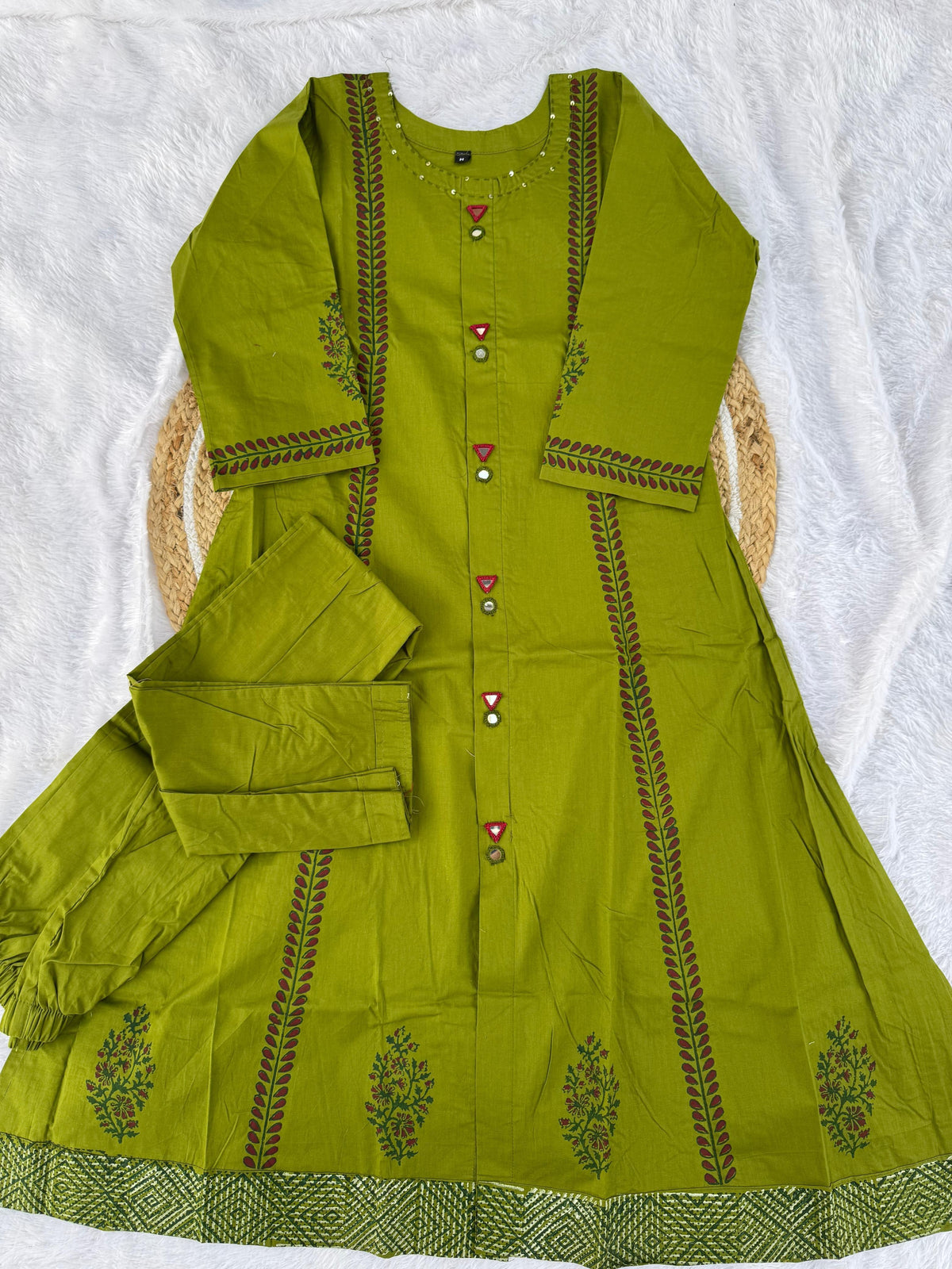 Designer Cotton A-Line Kurti Pant Set with Mirror Work for Women