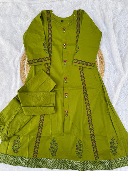 Designer Cotton A-Line Kurti Pant Set with Mirror Work for Women