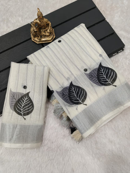 Designer Cream Linen Saree with Matching Blouse for Women