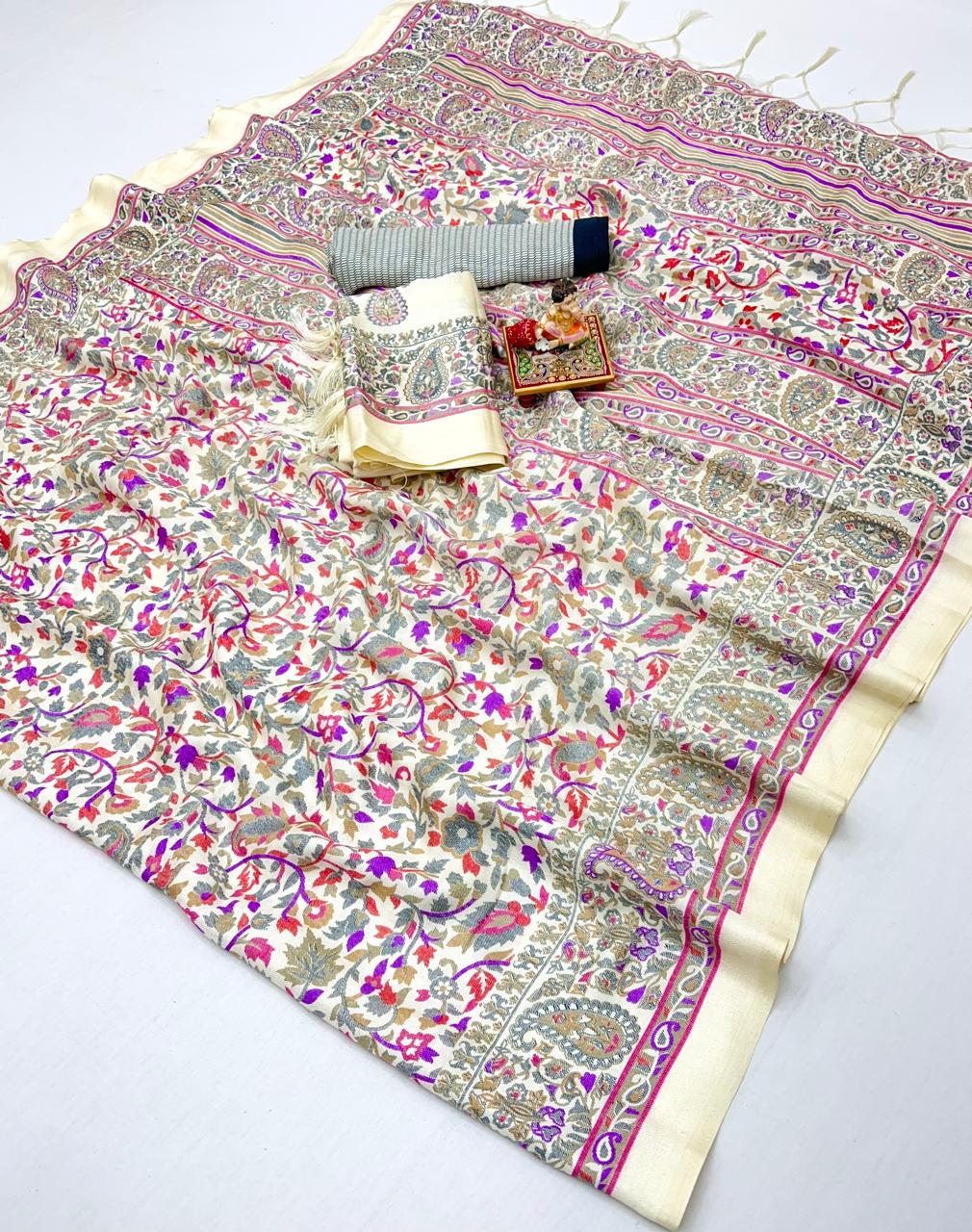 Designer Cream Pashmina Saree with Pink Print for Women