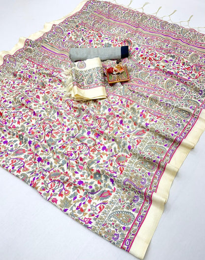 Designer Cream Pashmina Saree with Pink Print for Women