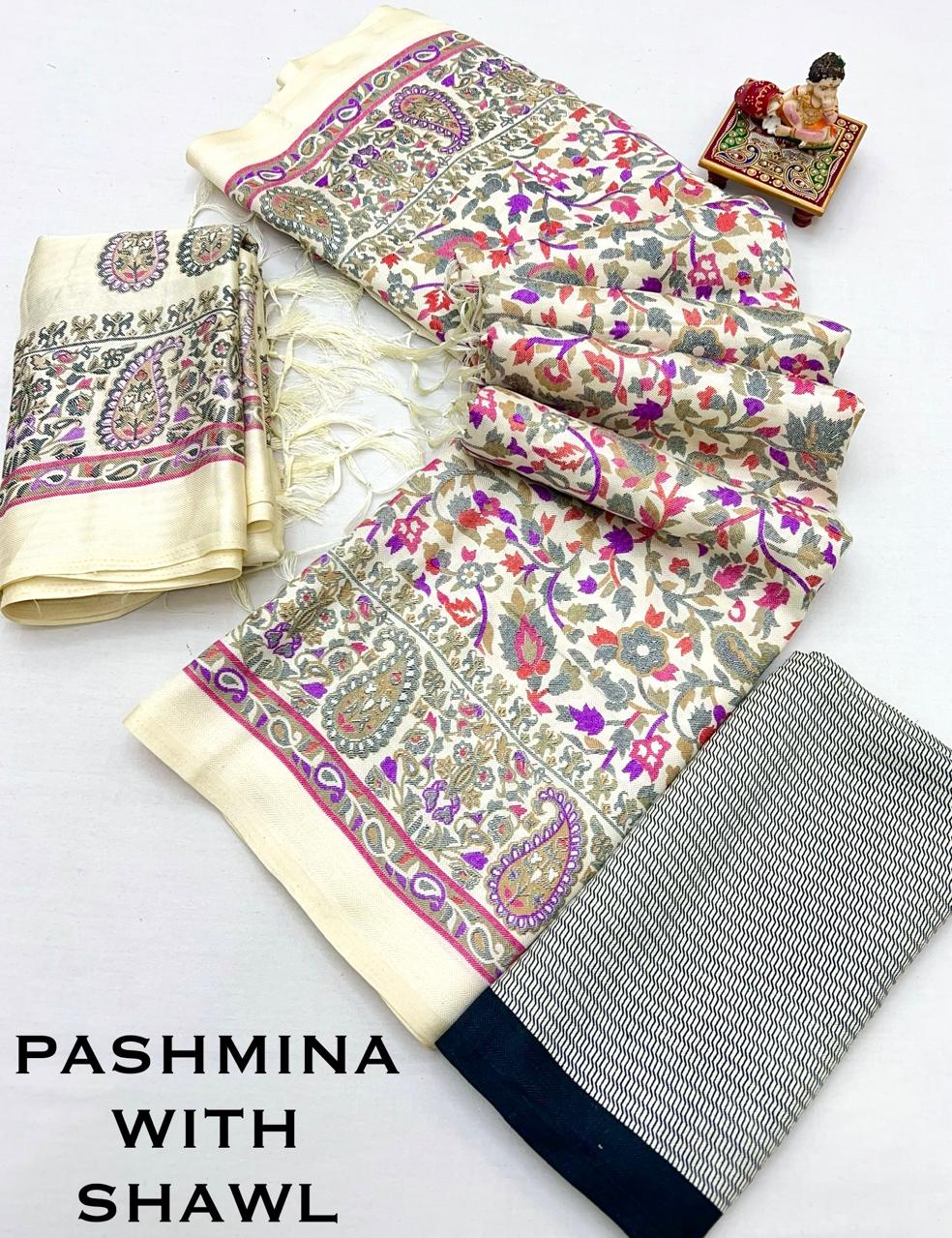 Designer Cream Pashmina Saree with Pink Print for Women