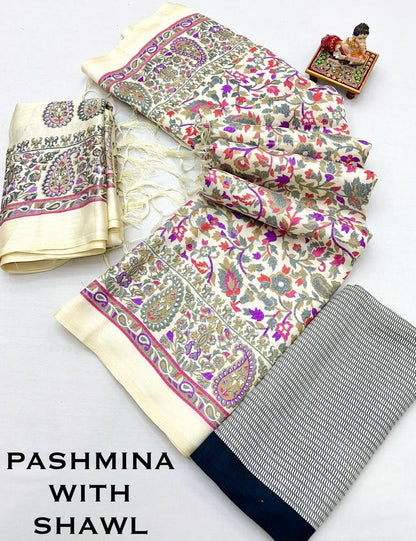 Designer Cream Pashmina Saree with Pink Print for Women