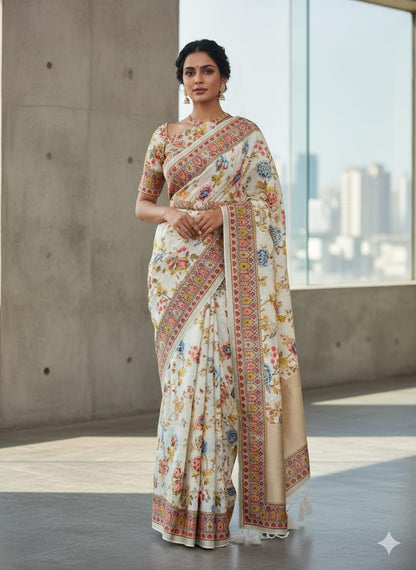 Designer Cream Floral Print Georgette Saree with Blouse for Women