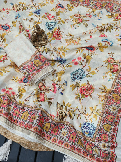 Designer Cream Floral Print Georgette Saree with Blouse for Women