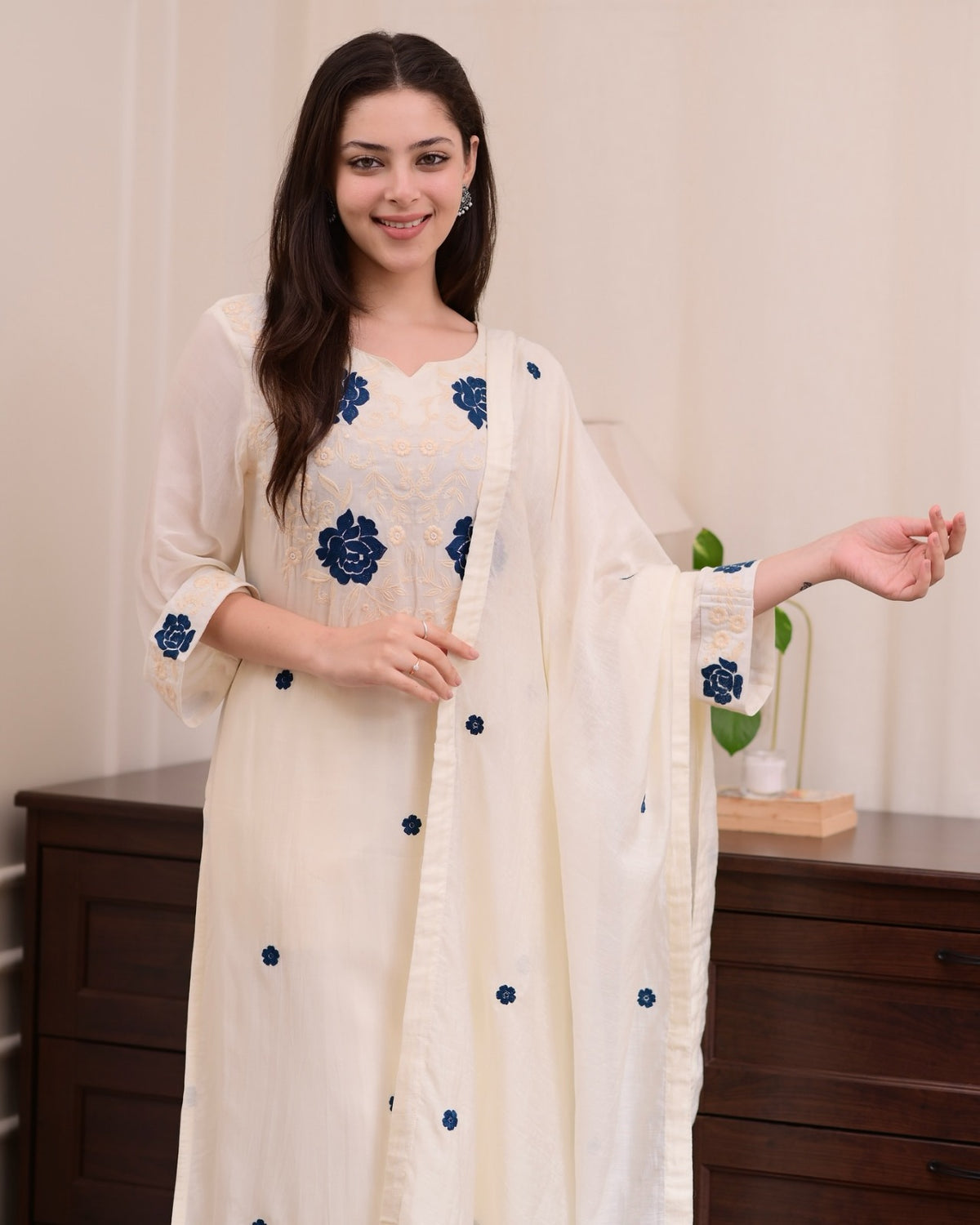 Designer Cream Straight Kurti Set with Dupatta for Women