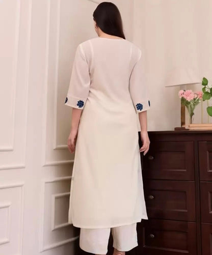 Designer Cream Straight Kurti Set with Dupatta for Women