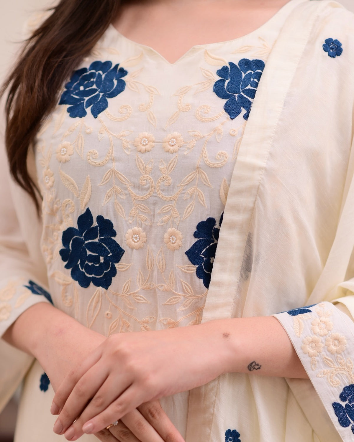 Designer Cream Straight Kurti Set with Dupatta for Women