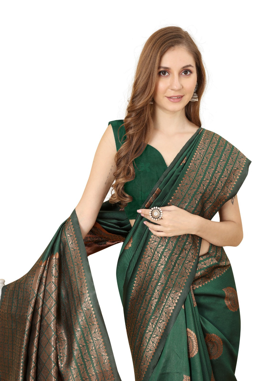 Designer Bottle Green Banarasi Saree with Rich Zari Work for Women