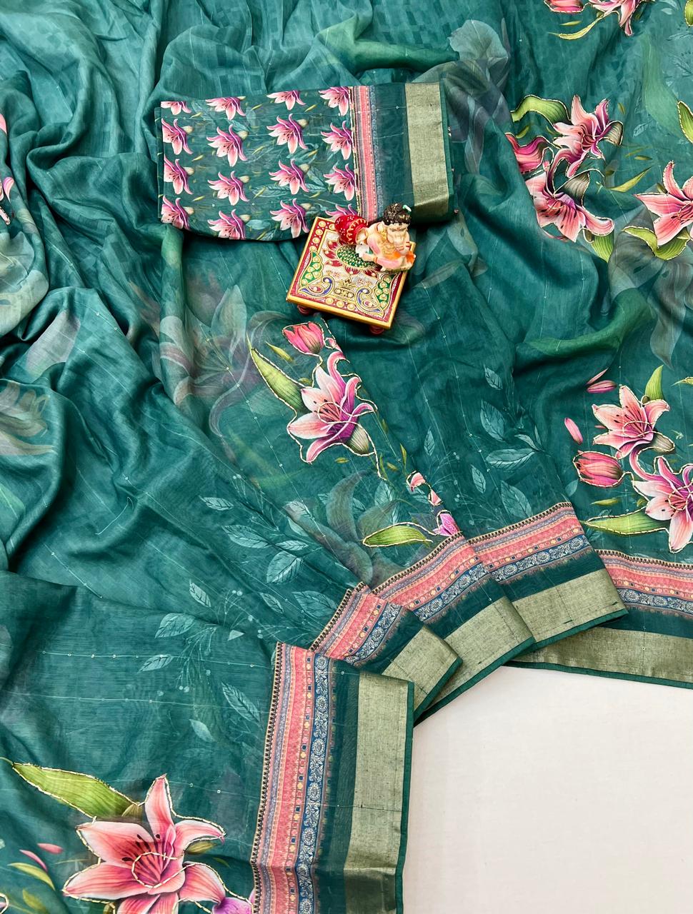 Designer Emerald Green Floral Cotton Digital Print Saree