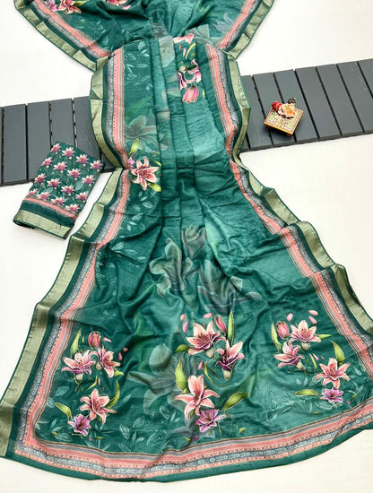 Designer Emerald Green Floral Cotton Digital Print Saree for Women