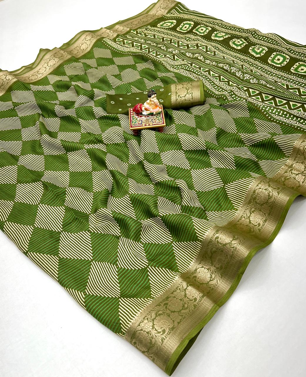 Designer Olive Green Moss Georgette Saree With Geometric Print