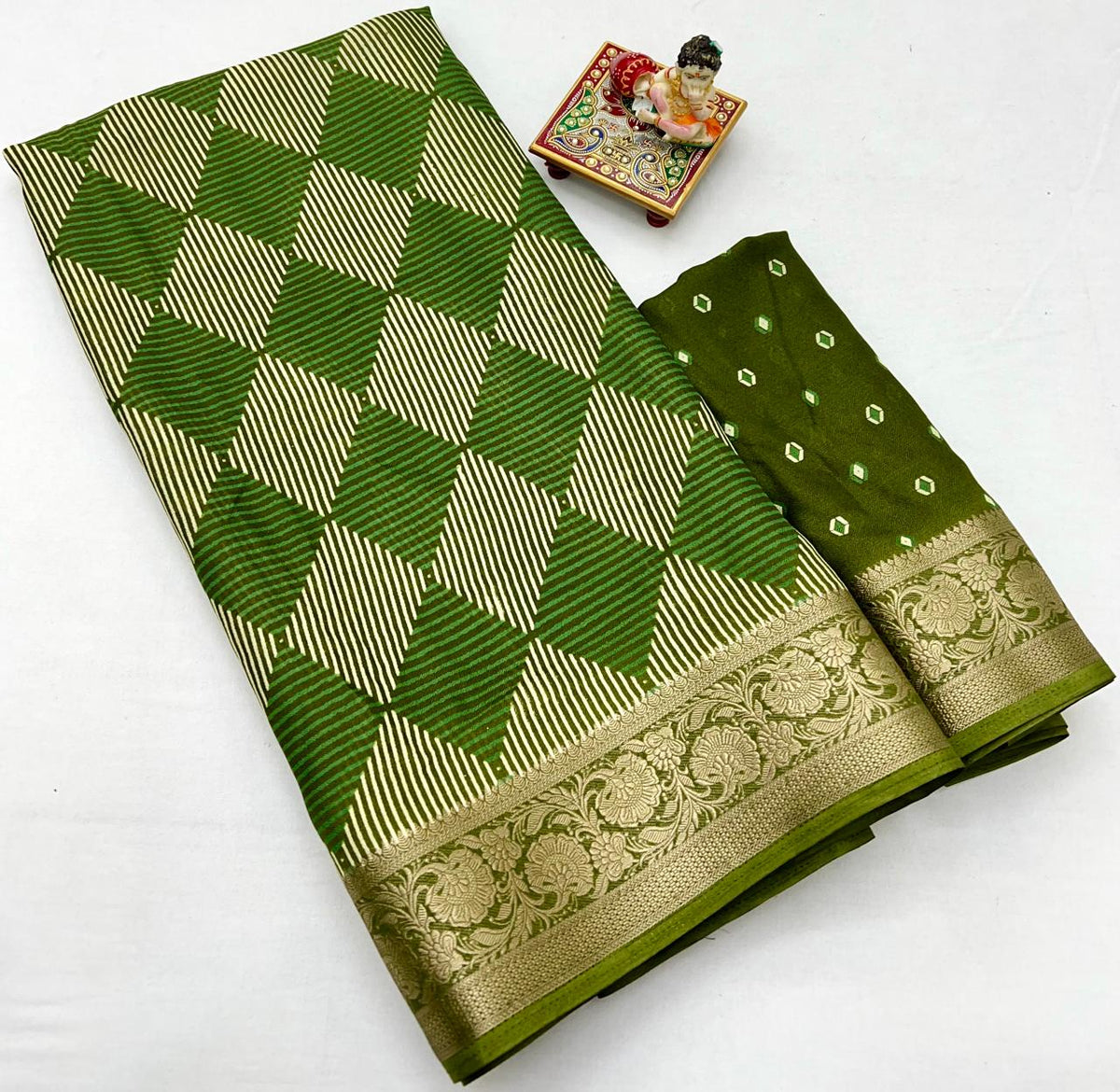 Designer Olive Green Moss Georgette Saree With Geometric Print