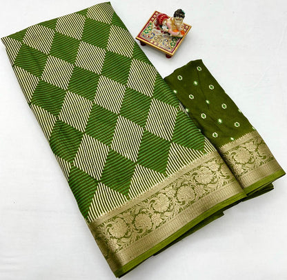 Designer Olive Green Moss Georgette Saree With Geometric Print