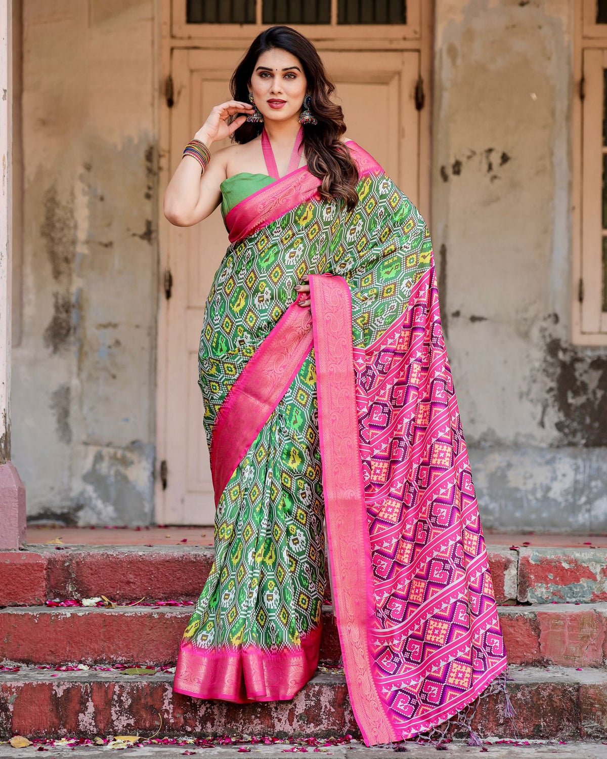 Designer Green Pink Wedding Wear Silk Saree for Women