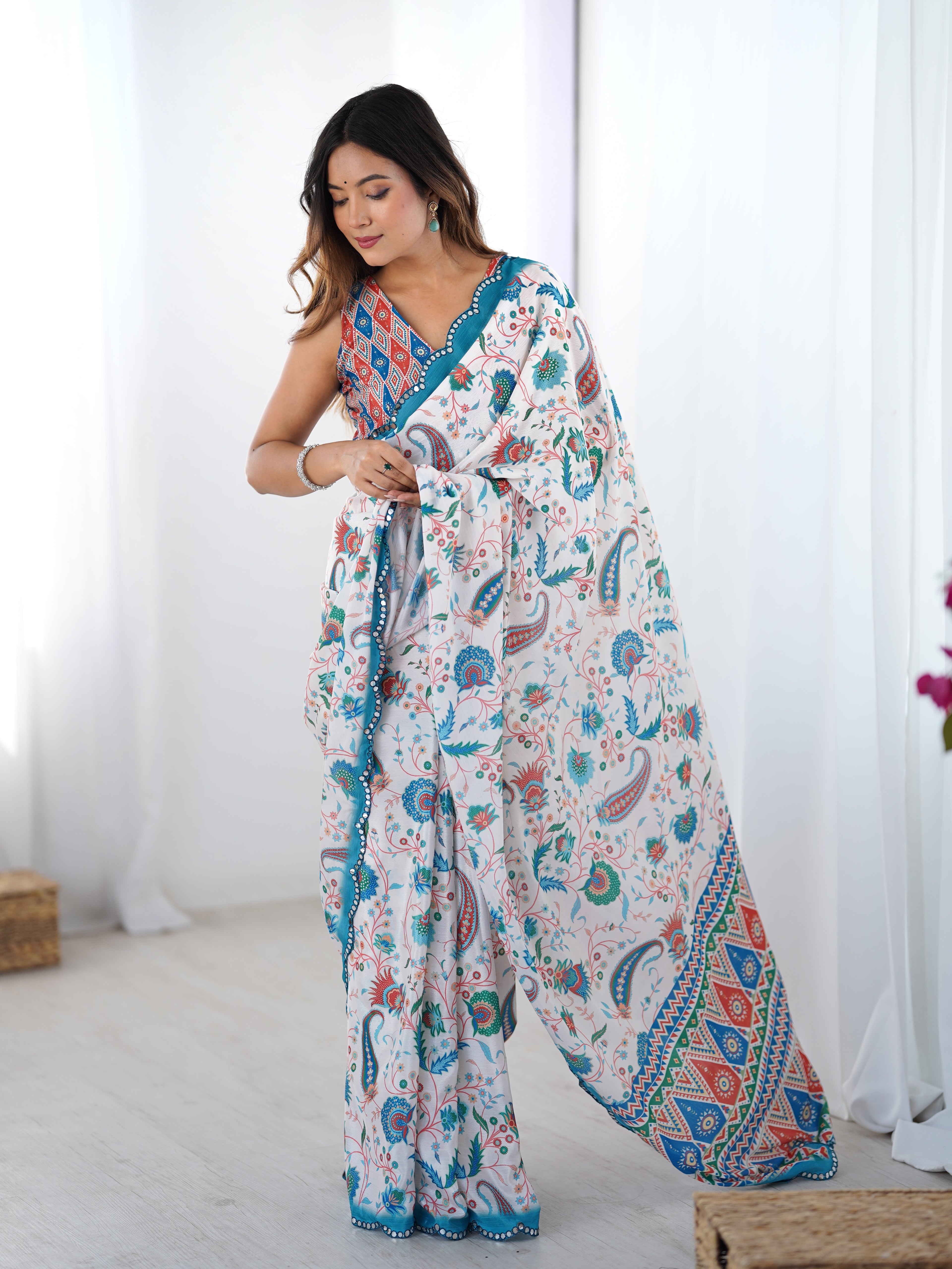 Designer Ivory Heavy Chinon Saree with Mirror Border