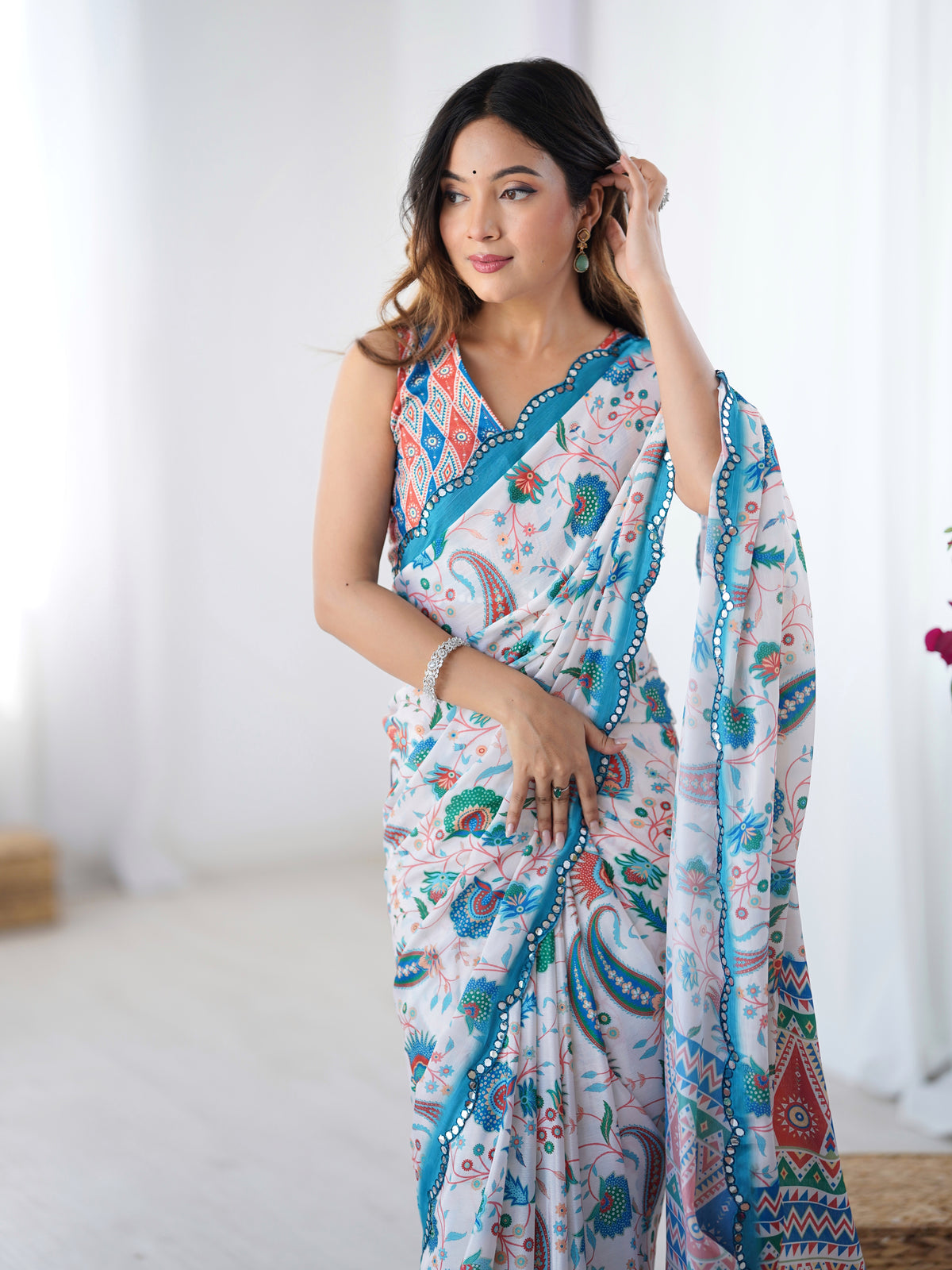 Designer Ivory Heavy Chinon Saree with Mirror Border for Women