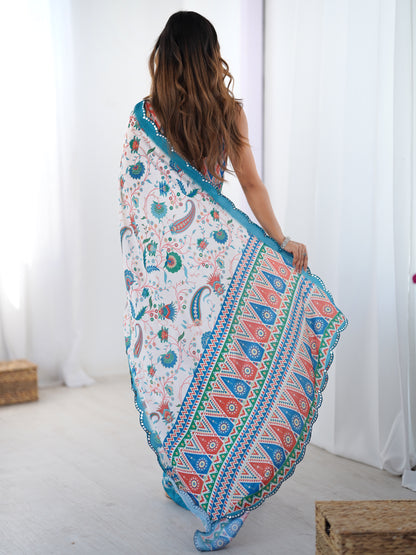 Designer Ivory Heavy Chinon Saree with Mirror Border for Women