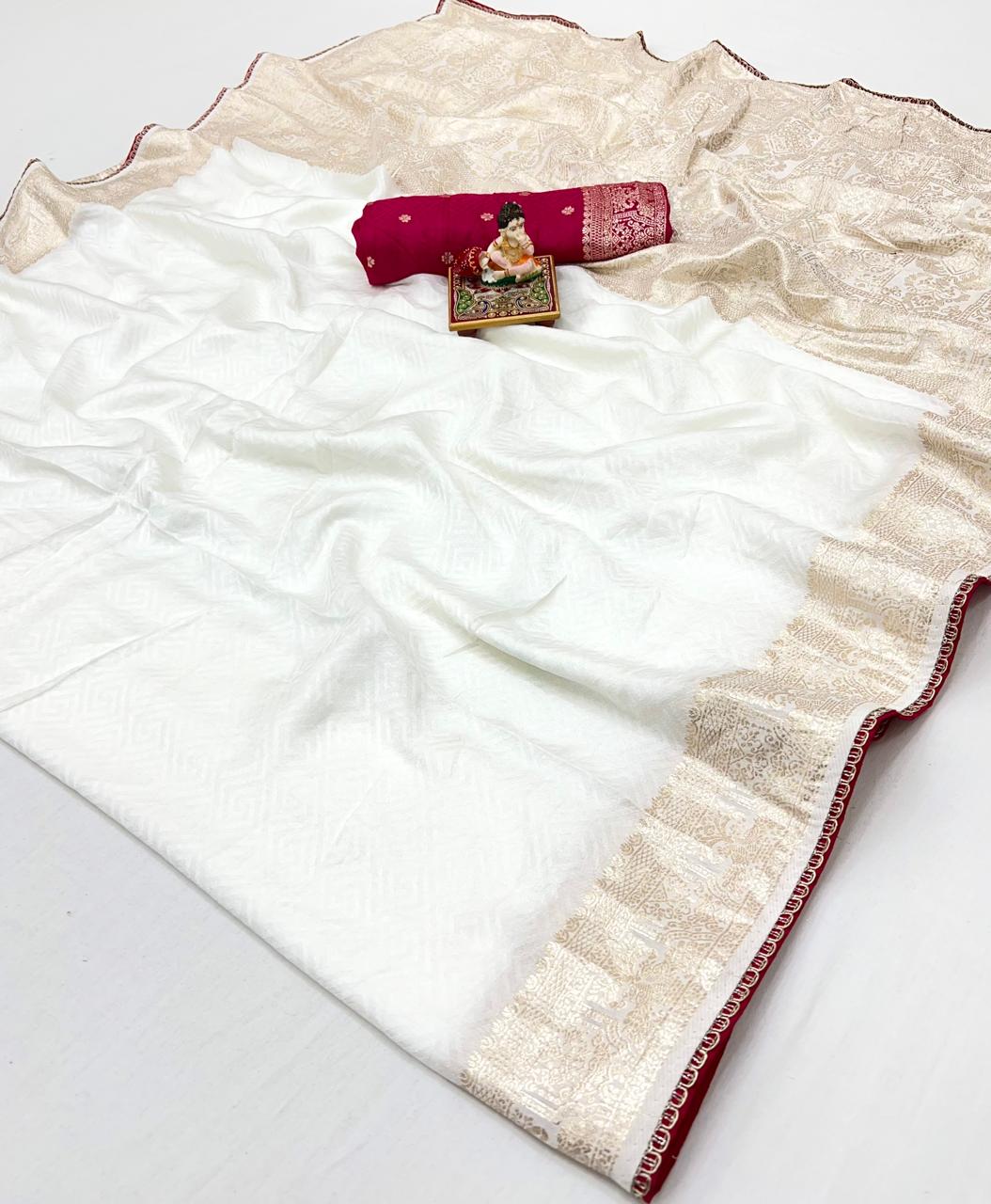 Designer Off White Maslin Silk Zari Saree for Women