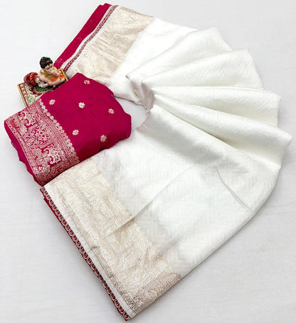Designer Off White Maslin Silk Zari Saree for Women
