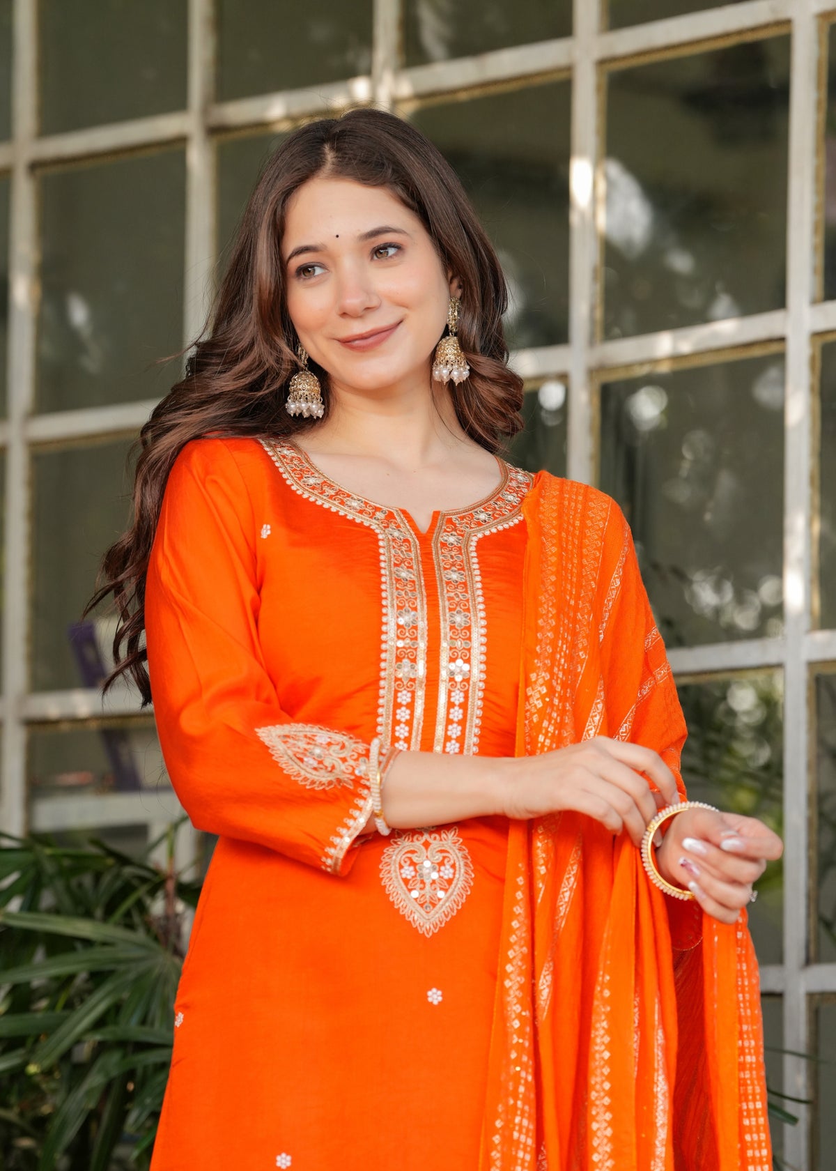 Designer Orange Chanderi Threadwork Kurta Set with Dupatta for Women