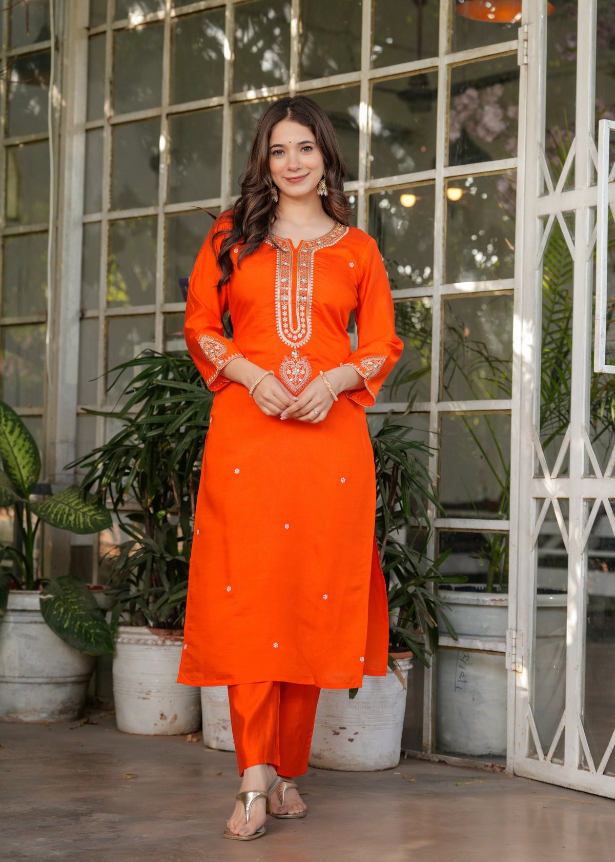 Designer Orange Chanderi Threadwork Kurta Set with Dupatta for Women